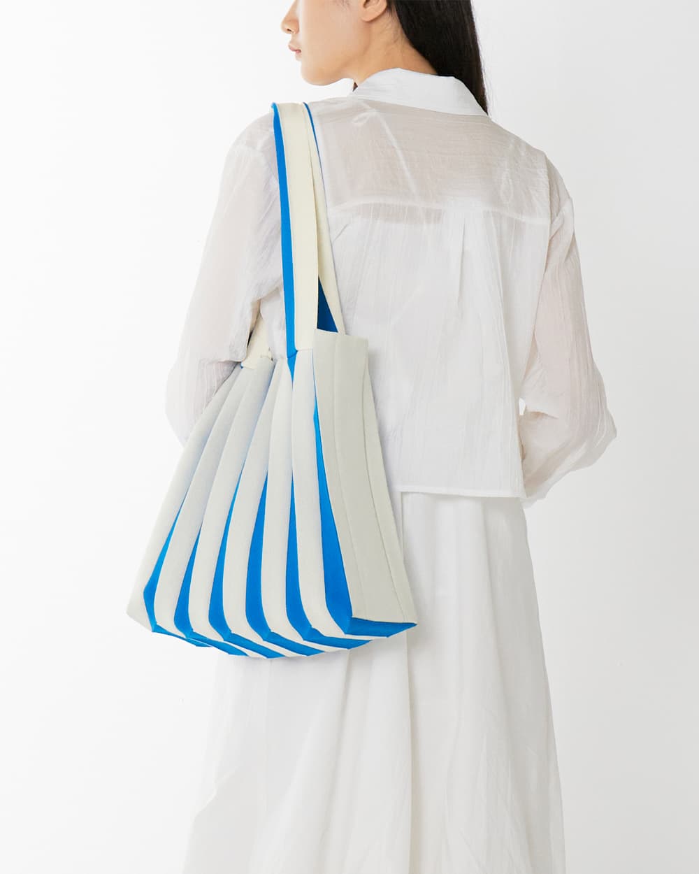 2WayShopperBag BlueStripe : PLEATSMAMA: Sustainable Knit Pleats Bag